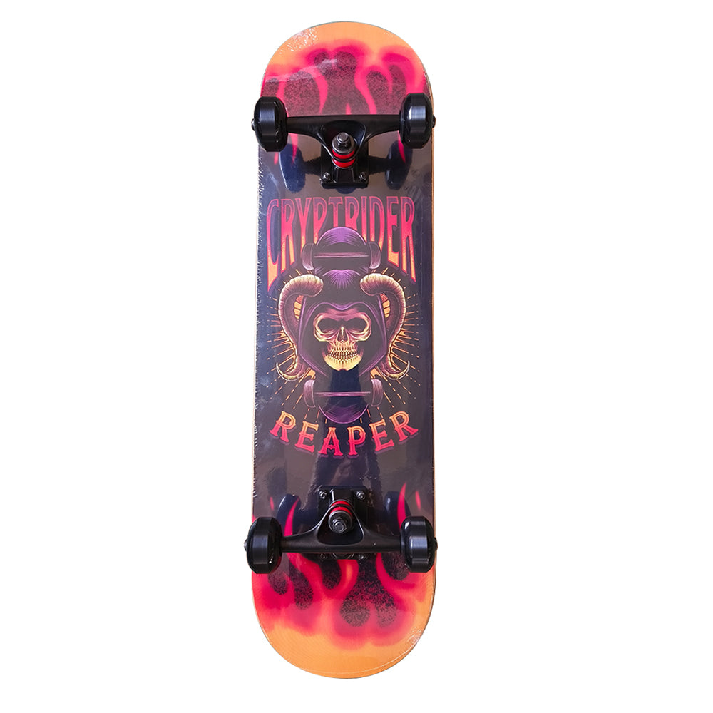 CRYPTRIDER Reaper Skateboard. 31 x 8 inches (80x20 cm) Deck, 7-Ply North Eastern Maple, Double Kick, 53x31 mm 95A PU Wheels, ABEC7 Bearings, Riser Pads, 5" Reinforced Aluminum Trucks. Skull.